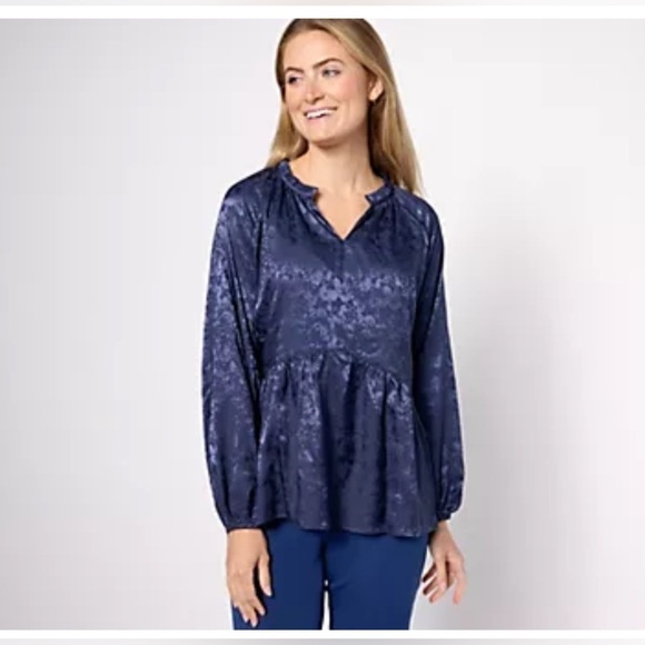 Isaac Mizrahi Tops - Isaac Mizrahi Live! Stretch Jacquard Shirred Peplum Blouse Dark Navy Size 12